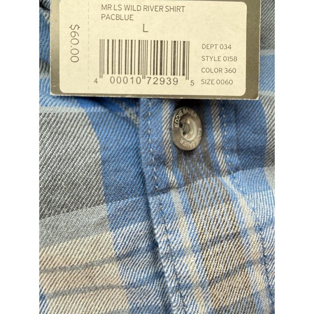 NWT Eddie Bauer Wild River Shirt Men Large Blue Plaid Flannel Classic Fit Cotton - Picture 6 of 7